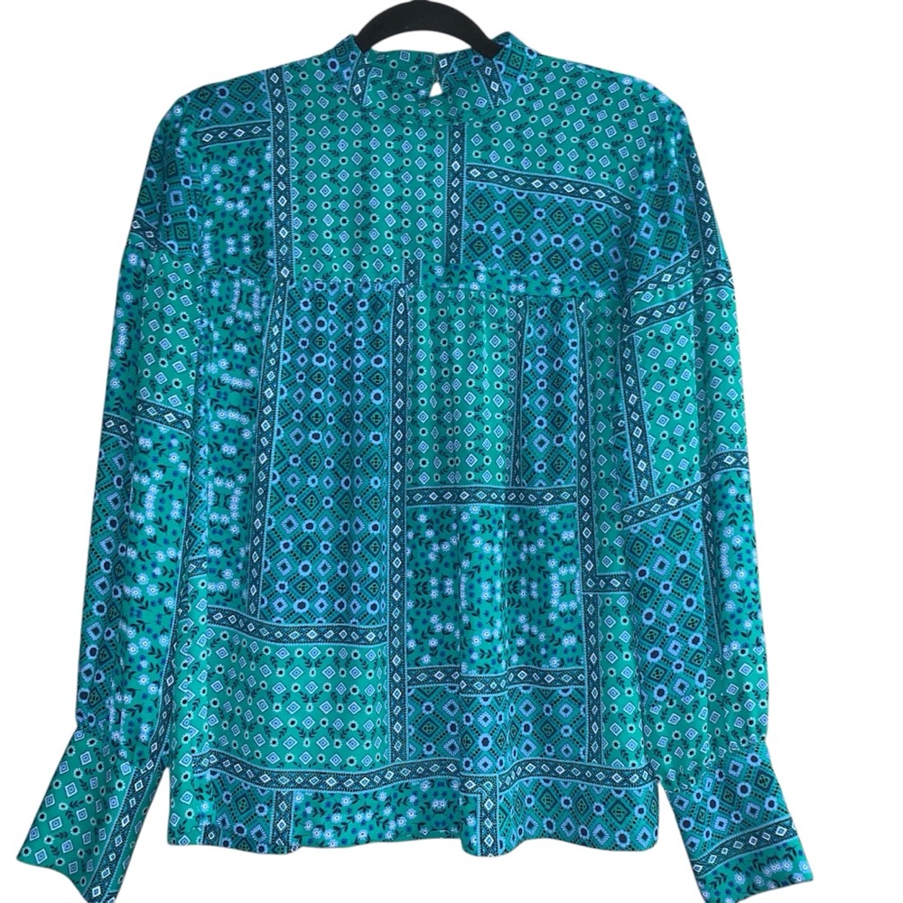 LOFT Woman’s Vibrant Blue and Green Patterned Blouse Long Sleeve Dress Shirt